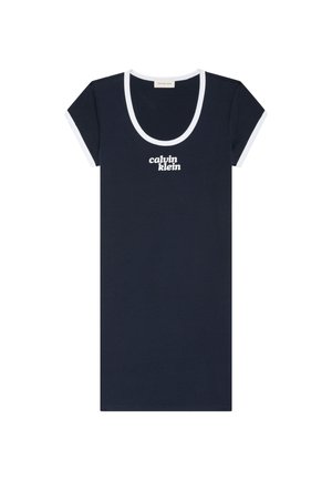 Φόρεμα σε ναυτικό μπλε με κοντά μανίκια και λευκή λεπτομέρεια στο γιακά και τα μανίκια, με λευκό λογότυπο κειμένου "calvin klein" στο κέντρο του στήθους.