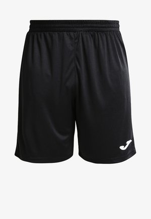 Schwarze Sportshorts aus glattem, leichtem Stoff mit einem elastischen Bund und einem kleinen weißen Logo auf der unteren rechten Seite.