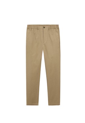 Béžové chinos kalhoty s pružným pasem a zapínáním na knoflík. Rovný střih nohavic se všitými bočními kapsami a hladkou bavlněnou směsí látky.