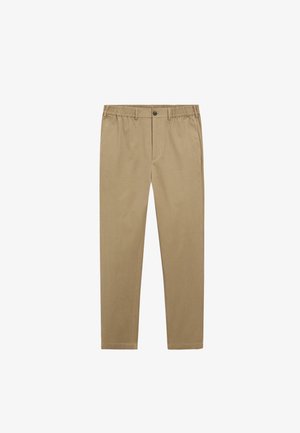 Béžové chinos kalhoty s pružným pasem a zapínáním na knoflík. Rovný střih nohavic se všitými bočními kapsami a hladkou bavlněnou směsí látky.