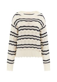 Pletený svetr v krémové barvě s námořnickými pruhy, se strukturovaným vzorem vln a kulatým výstřihem, s žebrovanými manžetami a lemem.