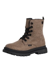 Bottes chelsea marron en tissu texturé avec un motif à pois, dotées de lacets noirs et d'une semelle épaisse en caoutchouc pour une bonne adhérence.