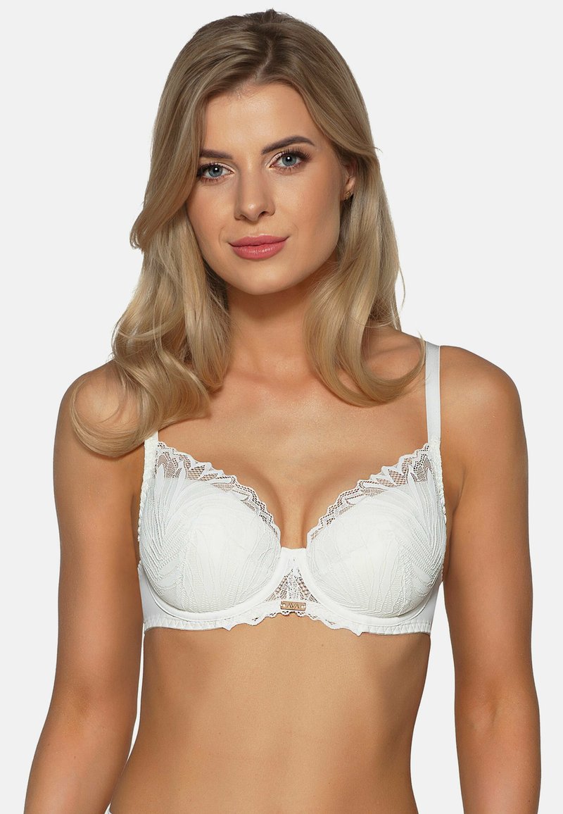 Reggiseno bianco con dettagli in pizzo, coppe sagomate, spalline regolabili e orli ondulati. Tessuto liscio con una leggera lucentezza.