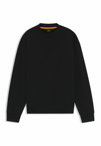 Felpa nera in cotone. Presenta un colletto rotondo, polsini e orlo a costine, e un accento arancione all'interno del colletto. Design semplice.