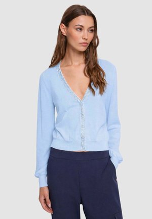 Donna con lunghi capelli castani che indossa un cardigan azzurro chiaro con scollo a V e rifiniture decorative, e pantaloni blu scuro, su sfondo semplice.