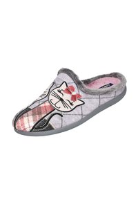 Zapatilla gris con ribete de piel, patrón de cuadros rosa, y un gato sonriente bordado con un lazo rojo en la parte superior.