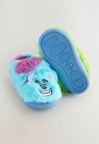 Flauschige blaue Hausschuhe mit lila und grünen Akzenten. Mit einem Cartoon-Gesicht und strukturierten Sohlen für besseren Halt. Aus weichem, plüschigem Material.