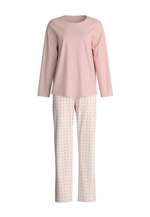 Langärmliges rosa Oberteil mit rundem Ausschnitt, kombiniert mit gemusterten Hosen mit einem floralen Design in Rosatönen und Weiß.