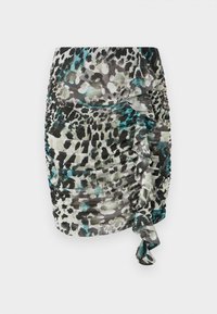 Rynket miniskjørt i lett materiale med leopardmønster i nyanser av svart, grønn og blå, samt en sidetwist-detalj.