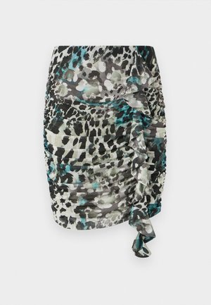 Ruched mini skirt in lightweight fabric featuring a leopard print with shades of black, green, and blue, and a side twist detail.