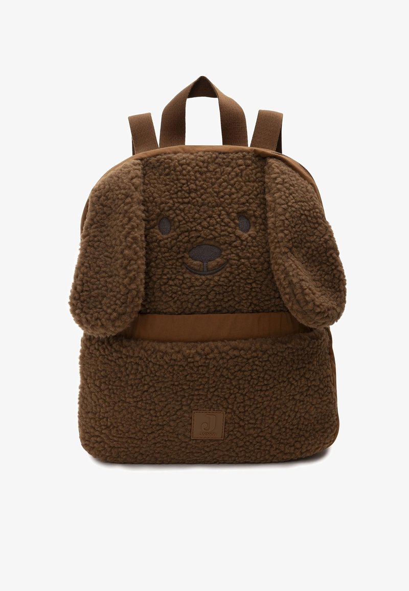 Bruine textuur rugzak met flaporen, een glimlachend honden gezicht en verstelbare schouderriemen, ontworpen voor kinderen.