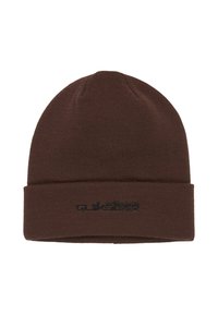 Bruine gebreide beanie met een omgevouwen rand en zwart geborduurd logo. Zachte textuur, ronde bovenkant en rekbare stof voor een comfortabele pasvorm.
