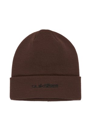 Brown knit beanie with a folded cuff and black embroidered logo. Soft texture, rounded top, and stretchy fabric for a snug fit.