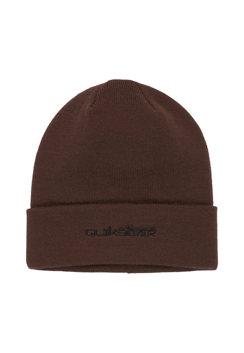 Bruine gebreide beanie met een omgevouwen rand en zwart geborduurd logo. Zachte textuur, ronde bovenkant en rekbare stof voor een comfortabele pasvorm.