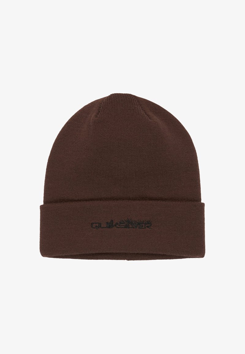 Bruine gebreide beanie met een omgevouwen rand en zwart geborduurd logo. Zachte textuur, ronde bovenkant en rekbare stof voor een comfortabele pasvorm.