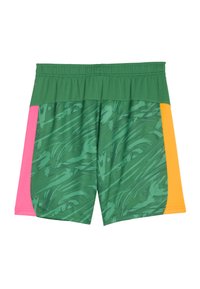 Costumi da bagno verdi con un design texturizzato, pannelli laterali rosa e gialli, vita elasticizzata e una vestibilità comoda.