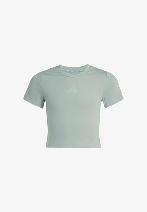 Lichtgroen cropped atletisch T-shirt met korte mouwen, ronde hals en een subtiel logo in het midden van de borst.