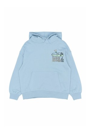 Jasnoniebieska bluza z kapturem wykonana z miękkiego materiału, z przednią kieszenią, szerokimi rękawami i ilustracją z napisem: "WAVE RIDER."