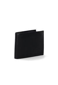 Sort læderpung med et minimalistisk design, glat tekstur og præget logo. Foldet form uden synlige beslag eller mønstre.