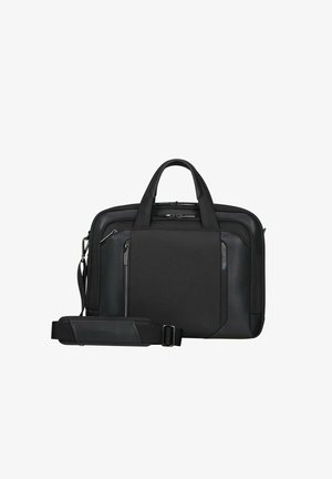 Black laptop bag featuring a mix of fabric and leather, dual top handles, a detachable shoulder strap, and multiple zip compartments.
