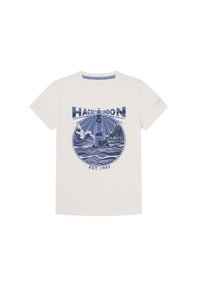 T-shirt en coton blanc avec un graphique circulaire bleu marine d'un phare au-dessus des vagues, accompagné du texte "HACKETT LONDON" et "EST. 1983".