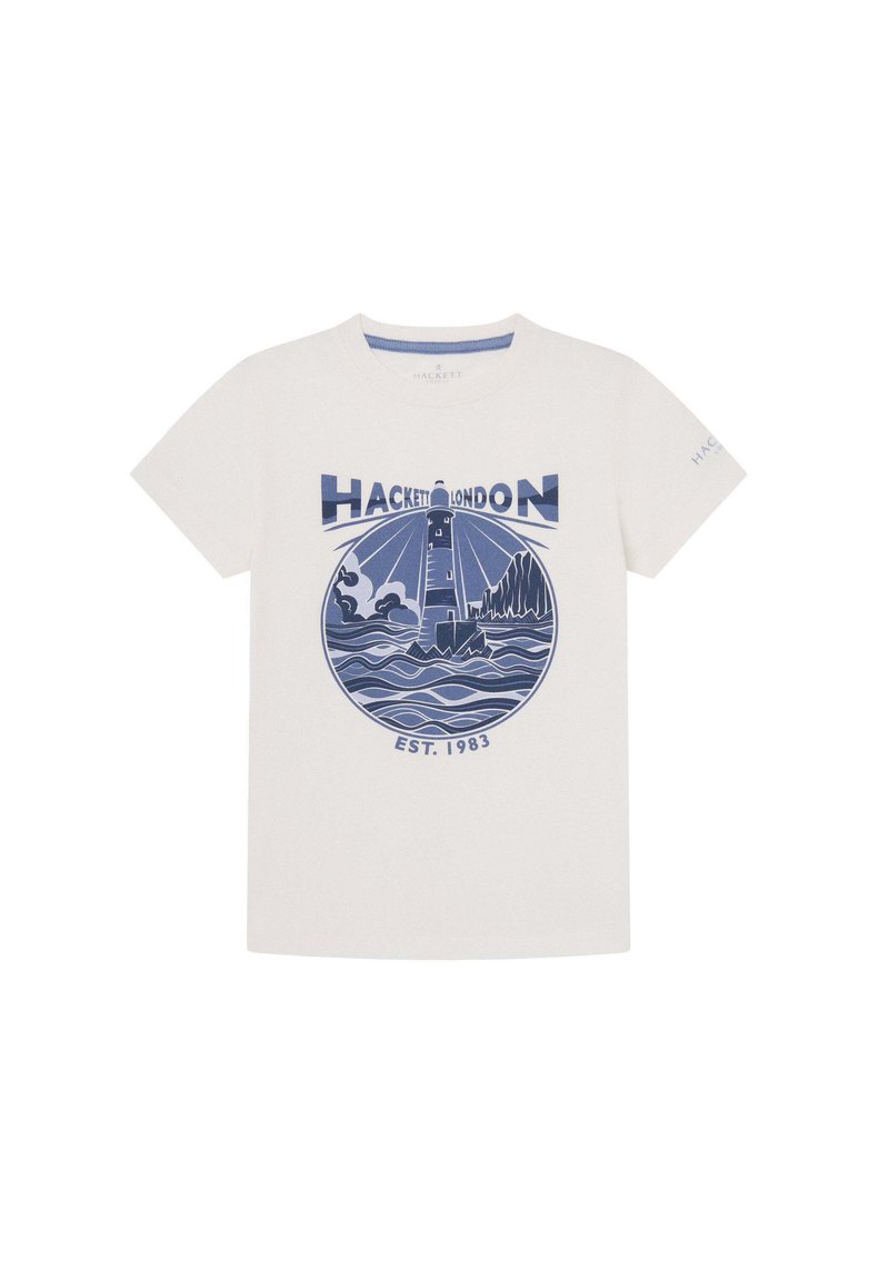 T-shirt en coton blanc avec un graphique circulaire bleu marine d'un phare au-dessus des vagues, accompagné du texte "HACKETT LONDON" et "EST. 1983".