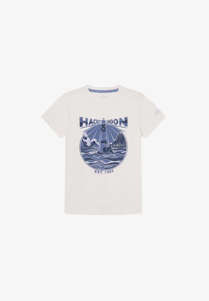 Camiseta blanca de algodón con un gráfico redondo en navy de un faro sobre olas, con el texto "HACKETT LONDON" y "EST. 1983".