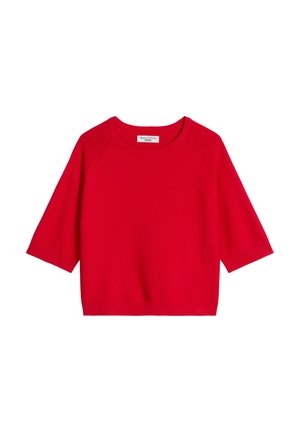 Rotes Kurzarm-Pullover mit Rundhalsausschnitt und Raglanärmeln, mit dem Label "Marc O'Polo Denim", auf weißem Hintergrund dargestellt.