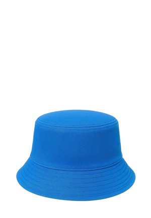 Bright blue fabric bucket hat with a round crown and stitched wide brim.