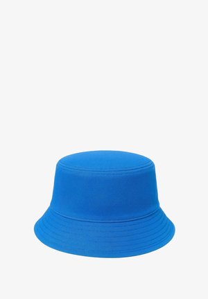 Cappello a secchiello in tessuto blu brillante con corona rotonda e tesa larga cucita.