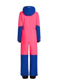 Roze en blauwe skikostuum met capuchon, elastische taille, lange mouwen en elastische manchetten. Gemaakt van synthetisch materiaal met een gladde textuur.