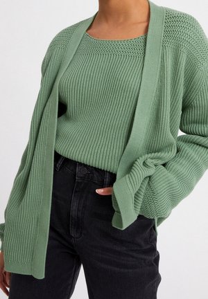 Kvinde iført salviegrøn strikket sweater og cardigan med sorte højtaljede jeans, hånd delvist i lommen, foran hvid baggrund.