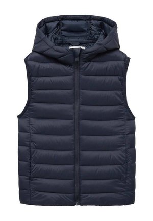 Veste sans manches matelassée bleu marine avec capuche et fermeture éclair à l'avant, motif matelassé horizontal et poches latérales.