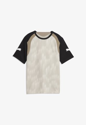 Kurzärmeliges Sportshirt mit beiger Vorderseite, schwarzen Ärmeln, braunen Schulterakzenten und weißen Puma-Logos auf beiden Ärmeln.