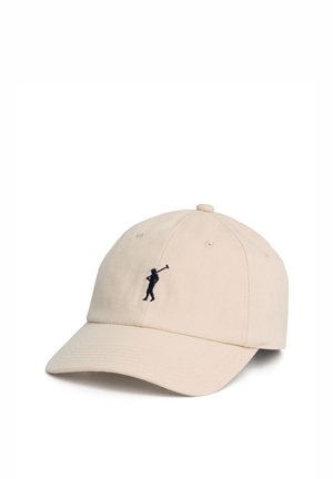 Casquette de baseball beige avec une visière courbée et un petit golfeur brodé en noir en train de balancer un club sur le panneau avant.
