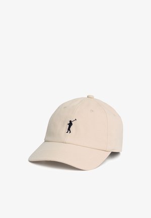 Casquette de baseball beige avec une visière courbée et un petit golfeur brodé en noir en train de balancer un club sur le panneau avant.