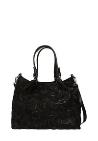 Zwarte leren handtas met een reliëf bloemenpatroon, dubbele handvatten, een afneembare schouderriem en een zachte textuurafwerking.