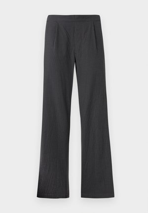 Pantalon droit à carreaux gris foncé, avec plis devant, présenté à plat sur un fond clair.
