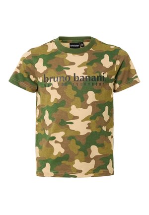 Børne T-shirt med korte ærmer i camouflage med grøn krave og teksten "bruno banani NOT FOR EVERYBODY" trykt henover brystet.