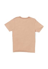 Short-sleeve t-shirt in light peach cotton, featuring a crew neck, relaxed fit, and simple stitching along the neckline and hem.
