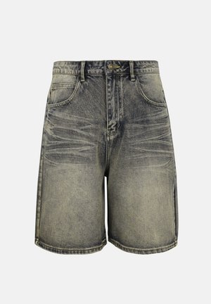 Shorts en denim noir délavé à taille haute avec poches avant, passants pour ceinture, fermeture à bouton et détails subtils de décoloration.