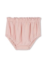 Lichtroze katoen bloomer met elastische taille en beenopeningen, met een gladde textuur en geplooid ontwerp voor comfort.