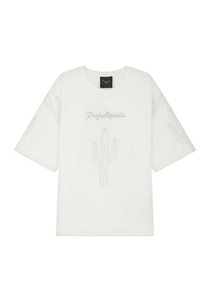 Camiseta de algodón blanca con mangas cortas, que presenta un sutil patrón de cactus y el texto "Projectparis" en bordado gris claro.