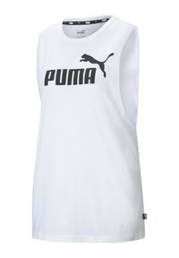 Vit ärmlös T-shirt i bomull, med en stor svart "PUMA"-logotyp och en hoppande pantergrafik. Rund halsringning.