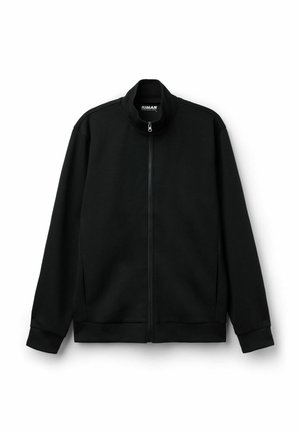 Zwarte zip-up jack met een hoge kraag. Glad materiaal, lange mouwen en zijzakken. Minimalistisch design zonder patronen of logo's.