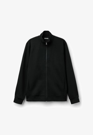 Black zip-up jacket with a high collar. Smooth fabric, long sleeves, and side pockets. Minimalist design without patterns or logos.