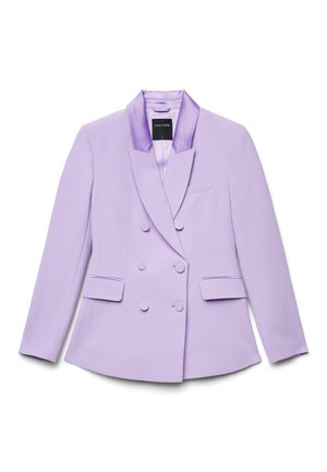 Fliederfarbener zweireihiger Blazer mit Satinrevers, zwei Seitentaschen und glatter Textur. Das Etikett trägt die Aufschrift "CALLIOPE".