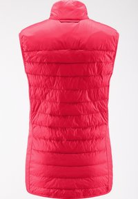 Punainen vuorattu hihaton pufferliivi pystykolarilla nähtynä takaa, jossa on vaakasaumaukset ja sileä pinta.