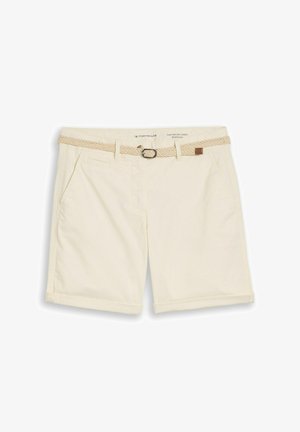 Beige Chino-Bermuda-Shorts mit umgeschlagenen Säumen, Seitentaschen, Gürtelschlaufen und einem gewebten beigen Gürtel mit Metallverschluss.