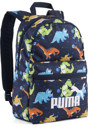Zaino Puma blu navy con motivi colorati di dinosauri in arancione, verde, blu e giallo, con tasca frontale con zip e spallacci imbottiti.